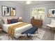 This bedroom features a queen bed, natural light, and modern décor at 7250 Nc 751 Hwy # 2101, Durham, NC 27707