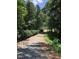 A gravel driveway leads through a lush, wooded area towards a bright, open space at 1528 Maelyn Way, Fuquay Varina, NC 27526