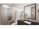 Modern bathroom with dark vanity and a walk-in shower at 3301 Dell Dr, Raleigh, NC 27609