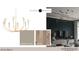 Image shows modern chandelier, accent wall and wood floor selections, and furniture at 3301 Dell Dr, Raleigh, NC 27609