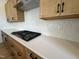 Close-up of kitchen counter featuring a gas range and white backsplash at 57 Bering Cir, Angier, NC 27501