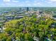 Bird's eye view captures a neighborhood's tree-lined streets and proximity to urban amenities with sports field nearby at 1015 Minerva Ave, Durham, NC 27701