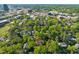 An aerial view of homes nestled among lush greenery with a vibrant city skyline in the background at 1015 Minerva Ave, Durham, NC 27701