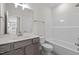 Well-lit bathroom with a single vanity and tub with shower at 35 Diamond Creek Dr, Zebulon, NC 27597