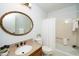 Bathroom features granite countertop, oval mirror and a shower/tub combo at 5940 Whitebud Dr, Raleigh, NC 27609