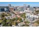 Urban neighborhood aerial view featuring city skyline and mature trees at 215 E Cabarrus St, Raleigh, NC 27601
