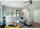 Bright living room featuring vaulted ceilings, large windows, and a comfortable seating arrangement at 1414 Whippoorwill Ln, Chapel Hill, NC 27517
