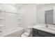 Bathroom featuring a single sink vanity with gray cabinets and a shower-tub combination at 611 Highview Dr, Benson, NC 27504