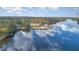 Scenic aerial view of a lake with trees, showcasing a tranquil waterfront community and recreational area with a sandy beach at 143 Rawhide Dr, Louisburg, NC 27549