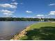 Picturesque lake view with a grassy shoreline, offering a peaceful waterfront setting and scenic views at 143 Rawhide Dr, Louisburg, NC 27549