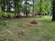 Grassy backyard featuring mature trees, picnic table, and a brick fire pit, perfect for outdoor entertaining at 2012 Silverleaf Dr, Youngsville, NC 27596
