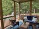 View of the relaxing screened porch with nice furniture, overlooking the pool at 2012 Silverleaf Dr, Youngsville, NC 27596