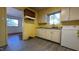 Retro kitchen with yellow walls, white cabinets and appliances at 720 Darby St, Raleigh, NC 27610