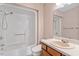 Standard bathroom with a shower-tub combo, single sink vanity and neutral finishes at 14 Stone Village Ct, Durham, NC 27704