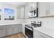 Modern kitchen with gray cabinets and stainless steel appliances at 444 Billingshurst Way, Knightdale, NC 27545