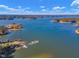 Aerial view of a serene lake with lush greenery at 3217 Satterwhite Point Rd, Henderson, NC 27537