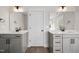 Bathroom featuring dual sinks, gray cabinetry, and wood-look floors at 1233 Cricket St, Elon, NC 27244