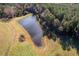 Aerial view of a picturesque pond surrounded by green fields and trees at 206 Pike Memory Ln, Staley, NC 27355