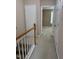 Upstairs hallway featuring carpet floors, white trim, and multiple doors at 4429 Log Cabin Dr, Raleigh, NC 27616