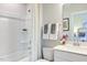 Clean bathroom with shower/tub combo and white vanity at 149 Brandy Ml, Pittsboro, NC 27312