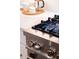 Close-up of a gas range with lit burners and stainless steel finish at 2417 Mayview Rd, Raleigh, NC 27607