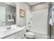 Bathroom with white vanity, bathtub, and shower at 2103 Pitchfork Ln, Durham, NC 27713