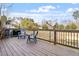 Inviting wood deck with two blue chairs and a view of the well-maintained backyard at 610 Canyon Lake Cir, Morrisville, NC 27560