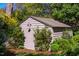 A backyard storage shed or workshop surrounded by mature trees and shrubs at 205 N Boundary St, Chapel Hill, NC 27514