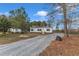 A single-story home with a gravel driveway, set amongst mature trees on a large lot at 1235 Schloss Rd, Louisburg, NC 27549