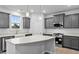 Stylish kitchen featuring granite countertops, gray cabinetry, a farmhouse sink, stainless steel appliances, and a center island at 2750 Lacy Holt Rd, Graham, NC 27253