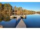 Tranquil lake with a wooden dock providing scenic views at 110 Sawtooth Oak Ln, Youngsville, NC 27596