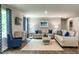 Spacious living room with beige sofas, blue pillows, and wood accents at 600 Mathiola Dr, Wendell, NC 27591