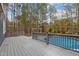 View of back deck overlooking the surrounding trees and covered pool at 5600 Thornburg Dr, Wake Forest, NC 27587