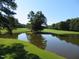 Picturesque view of a golf course with lush greenery and a serene pond, offering a relaxing recreational setting at 123 Wichita Way, Louisburg, NC 27549