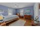 Relaxing bedroom with blue walls, two windows, hardwood floors, and a ceiling fan at 417 Elm St, Raleigh, NC 27604