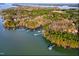 Stunning aerial view of Lake Tillery waterfront property with mature trees and several boat docks at 414 S B Harrison Ln, Henderson, NC 27537