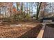 Large, private backyard with trees and a firepit area viewed from the wooden deck at 6512 Johnsdale Rd, Raleigh, NC 27615