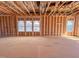 The unfinished interior shows stud framing and window placement in a spacious new construction home ready for customization at 211 Pond View Ct # 5, Fuquay Varina, NC 27526