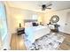 Bright bedroom featuring a ceiling fan, area rug, and desk area with decorative mirror at 2804 Edgewood Ave, Burlington, NC 27215
