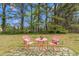 Inviting backyard with stone patio and charming pink table and chairs, perfect for relaxing outdoors at 2169 Northcrest Dr, Elon, NC 27244