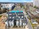 Aerial view of modern townhomes with rooftop decks, highlighting the community layout and location at 512 Gordon Street # 602, Durham, NC 27701