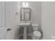 Powder room with pedestal sink, mirror, and toilet at 316 Spruce Pine Trl, Knightdale, NC 27545