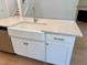 Close up of the kitchen island featuring a farmhouse sink, shaker cabinets and stainless appliances at 262 Grand Griffon Way, Lillington, NC 27546