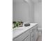 Bathroom with double sink vanity, framed mirror, white countertop, and gray cabinets at 3934 Well Fleet Drive, Fuquay Varina, NC 27526