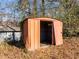 Orange metal storage shed in backyard at 1805 Pritchard Pl, Durham, NC 27707