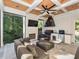 Inviting outdoor living space with a fireplace, TV, grill, and comfortable seating for relaxation and entertaining at 1425 Sky Vista Way, Raleigh, NC 27613