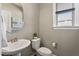 Powder room with pedestal sink, toilet and framed mirror at 2526 Snowdrop Ct, Apex, NC 27502