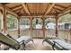 Relaxing gazebo featuring lounge chairs, a wooden frame, and views of the surrounding landscape at 308 Deep Creek Dr, Clayton, NC 27520
