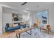 Bright living room featuring a modern blue sofa, stylish rug, and natural light from a large window at 1000 Addison Pl # 101, Raleigh, NC 27610