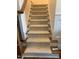 Carpeted staircase with wooden railings and neutral tones at 503 Bendemeer Ln, Rolesville, NC 27571